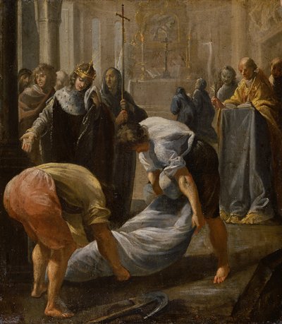 Het omhullen van abt Suger in de basiliek van St. Denis in Parijs, in aanwezigheid van koning Lodewijk VII van Frankrijk, in 1152 door Charles Errard