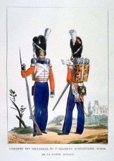 Uniform van de Zwitserse Grenadiers 7e Regiment infanterie van de koninklijke garde, Frankrijk, 1823 door Charles Etienne Pierre Motte