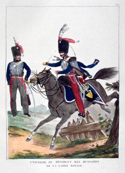 Uniformen van een regiment huzaren van de Franse koninklijke garde, 1823 door Charles Etienne Pierre Motte