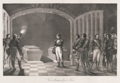 Bezoek aan het graf van Frederik de Grote, begin 19e eeuw door Charles Etienne Pierre Motte