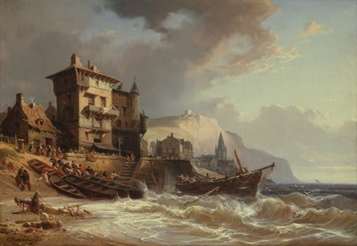 Boten aan wal trekken aan de kust van Bretagne door Charles Euphrasie Kuwasseg