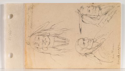 Portretten van Mato Chuthuhu (Rib van de Beer), Ha won je tah (Eén Hoorn/Lone Horn), en Heh Mah Zah (IJzeren Hoorn) (blad 10 recto) door Charles Ferdinand Wimar