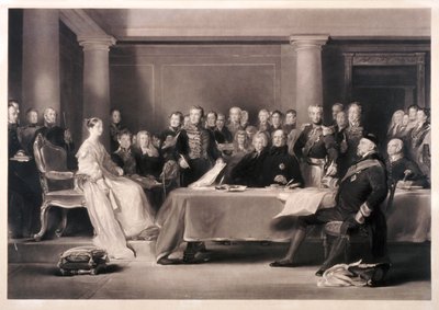 Koningin Victoria die de raad voorzit bij haar troonsbestijging, 1846 door Charles Fox