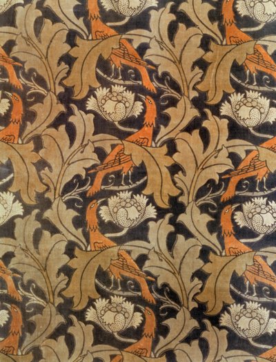 Bloemen en bladeren met vogels, vervaardigd door G.P. & J. Baker voor Liberty & Co. door Charles Francis Annesley Voysey