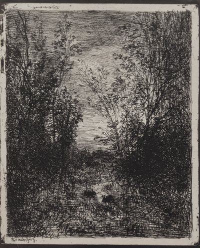 Een stroom in een open plek door Charles Francois Daubigny