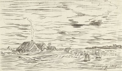 Boerenhuizen in vlak land door Charles Francois Daubigny