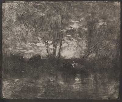 Koeien bij een drinkplaats, originele indruk 1862, gedrukt in 1921 door Charles Francois Daubigny