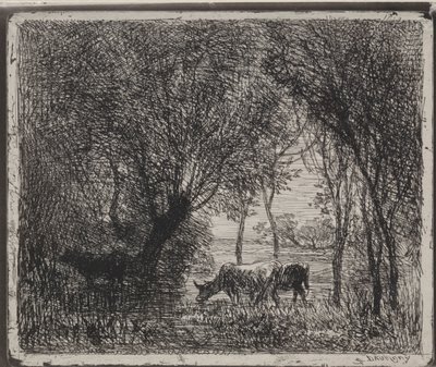 Koeien in het bos, originele indruk 1862, gedrukt in 1921 door Charles Francois Daubigny