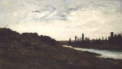Herders en vee in een bosrijk rivierlandschap door Charles Francois Daubigny