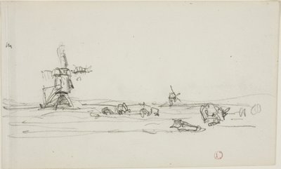 Landschap in Holland (recto); Schets van windmolens bij water (verso) door Charles Francois Daubigny