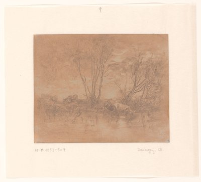 Landschap met drinkende koeien door Charles Francois Daubigny