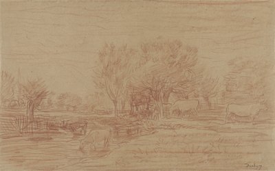 Landschap met grazende en drinkende koeien en een toekijkende stier door Charles Francois Daubigny