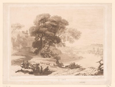 Landschap met herders en vee aan de rand van een rivier door Charles Francois Daubigny