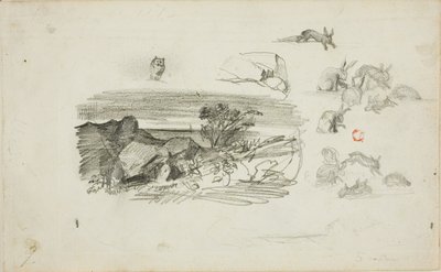Schetsen: Rotsachtige omgeving en konijnen door Charles Francois Daubigny