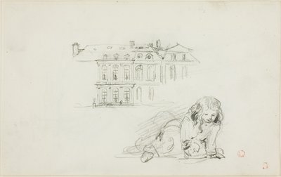 Schetsen: Het Hotel de Ville, Tours en een spelend meisje (recto); Ooievaar (verso) door Charles Francois Daubigny