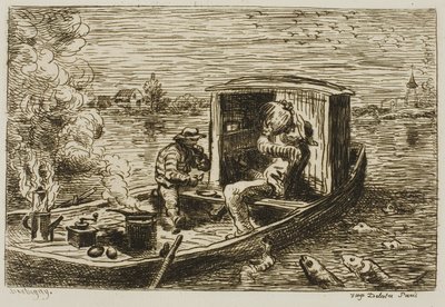 Slikken (Maaltijd op de boot) door Charles Francois Daubigny