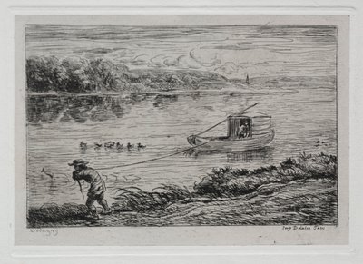 De Boottocht: Kajuitjongen die het Sleepkoord Trekt of Trekken aan het Touw door Charles Francois Daubigny