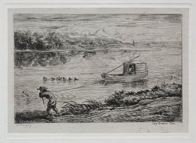 De boottocht: Kajuitjongen die het sleeptouw trekt, 1861 door Charles Francois Daubigny