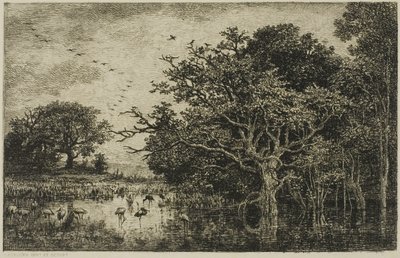 Het Moeras met Ooievaars door Charles Francois Daubigny