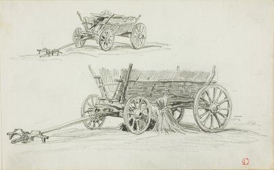 Twee schetsen van een ossenkarren door Charles Francois Daubigny
