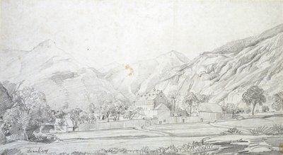 Uitzicht op Gebouwen in een ommuurde Omheining met Bergen op de Achtergrond, midden 19e eeuw door Charles Francois Daubigny