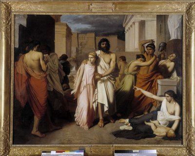 Oedipus en Antigone ook wel De Plaag van Thebe genoemd. Oedipus vlucht voor de vloek van de inwoners door Charles François Jalabert
