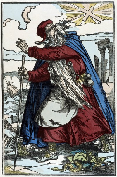 De dolende Jood bang voor het katholieke kruis - gravure naar de tekening van Pinot door Charles Francois Pinot