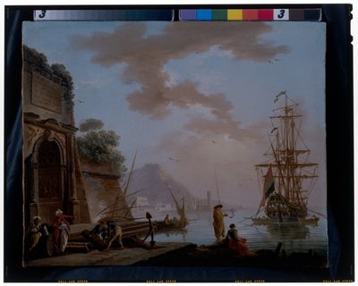 Een mediterrane haven met oosterlingen pratend onder een oude Romeinse boog door Charles François Grenier de Lacroix