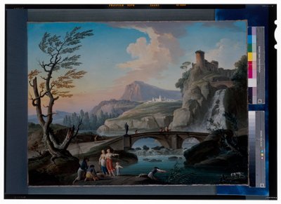 Een Rivierlandschap met Vissers die hun Netten Binnenhalen, een Rotsachtig Landschap en een Voetbrug Verderop door Charles François Grenier de Lacroix