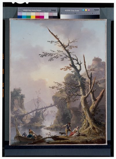 Rivierlandschap met vissers die hun netten ophalen door Charles François Grenier de Lacroix