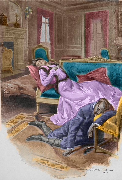 Aartshertog Rudolf, Kroonprins van Oostenrijk (1858-1889), pleegt zelfmoord en doodt zijn minnares, barones Mary Vetsera, in zijn jachthuis in Mayerling door Charles Garabed Atamian