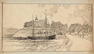 Een zeilboot op het strand bij eb, bij een laan die naar een dorp leidt door Charles George Harper