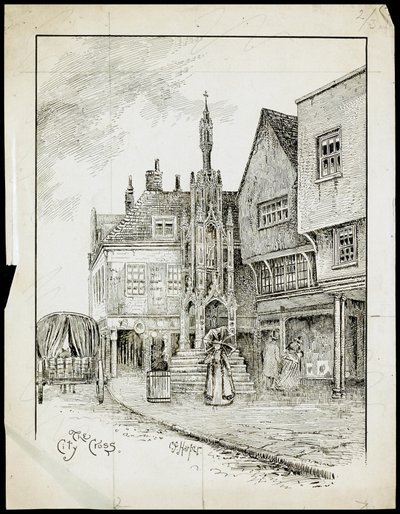 Een uitzicht vanuit het noordwesten van de Butter Cross, High Street, Winchester, Hampshire (pen en inkt op papier) door Charles George Harper