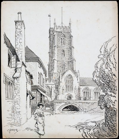 Een uitzicht vanuit het zuiden van de Priory Church of St George, Dunster, Somerset door Charles George Harper