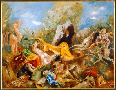 La chasse au lion - De leeuwenjacht ... (olieverf op papier) door Charles Georges Dufresne
