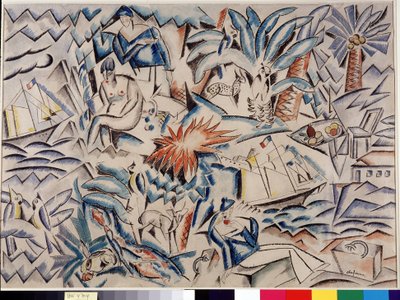 Mediterraan landschap met boten, dieren, vegetatie (palmboom) en personages door Charles Georges Dufresne