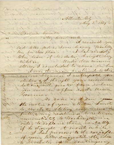 Brief ondertekend C. Gibson [Charles Gibson], Atlantic City, aan gouverneur Gamble [Hamilton R. Gamble], 2 augustus 1861 door Charles Gibson
