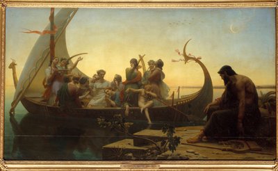 Verloren illusies of avond Een allegorische scène met personages op een vertrekkende drakkar, een man blijft op de kade met een lier. door Charles Gleyre