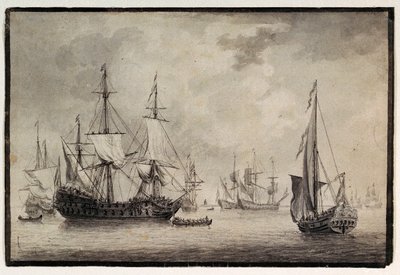 Nederlandse oorlogsschip, staatsjacht en verre schepen in een haven, eind 18e eeuw door Charles Gore