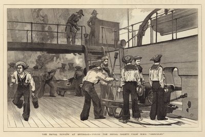 De marineparade bij Spithead, het afvuren van de koninklijke groet vanaf HMS Hercules door Charles Green