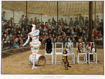 De geleerde honden: circusscène met clown en honden - naar Charles Green, Engelse chromo 1885 door Charles Green