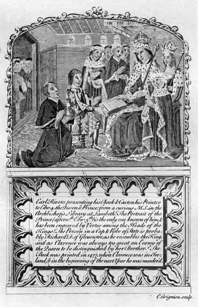 Earl Rivers presenteert zijn boek aan koning Edward IV, ca. 1477, eind 18e of begin 19e eeuw door Charles Grignion