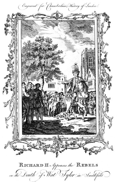 Koning Richard II sust de rebellen na de dood van Wat Tyler, Smithfield door Charles Grignion