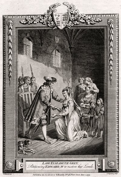 Lady Elizabeth Grey, verzoekend aan Edward IV om haar landgoederen terug te geven, 15e eeuw, 1777 door Charles Grignion
