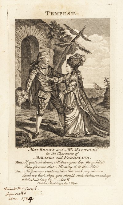 Miss Ann Brown en Mr George Mattocks in de rollen van Miranda en Ferdinand in een operaversie van William Shakespeare
