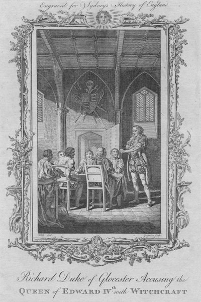 Richard Hertog van Gloucester beschuldigt de Koningin van Edward IV van Hekserij, 1773 door Charles Grignion