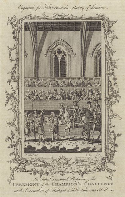 Sir John Dimmock die de Ceremonie van de Uitdaging van de Kampioenen uitvoert bij de Kroning van Richard II in Westminster Hall, 1377 door Charles Grignion