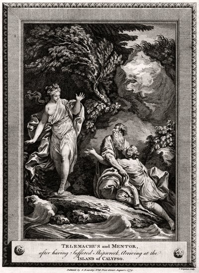 Telemachus en Mentor, na een schipbreuk, arriveren op het eiland Calypso, 1774 door Charles Grignion