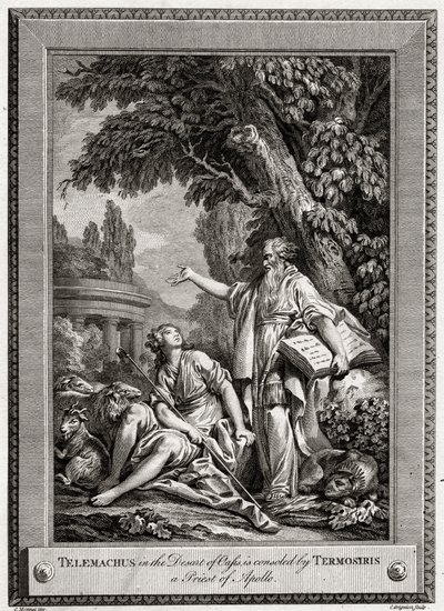 Telemachus, in de woestijn van Oasis, wordt getroost door Termosiris een priester van Apollo, 1774 door Charles Grignion