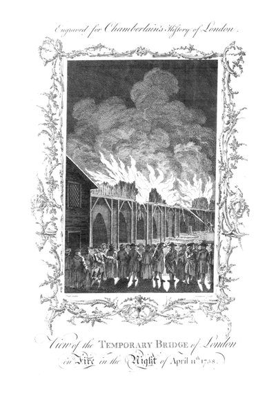 Uitzicht op de Tijdelijke Brug van Londen in Brand...1758, ca. 1770 door Charles Grignion